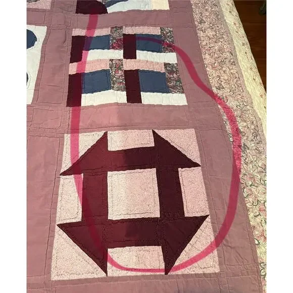 Vintage Handmade Quilt 66x52” Sampler Fan Pattern Purple Blue Coverlet Throw RV - Picture 12 of 16